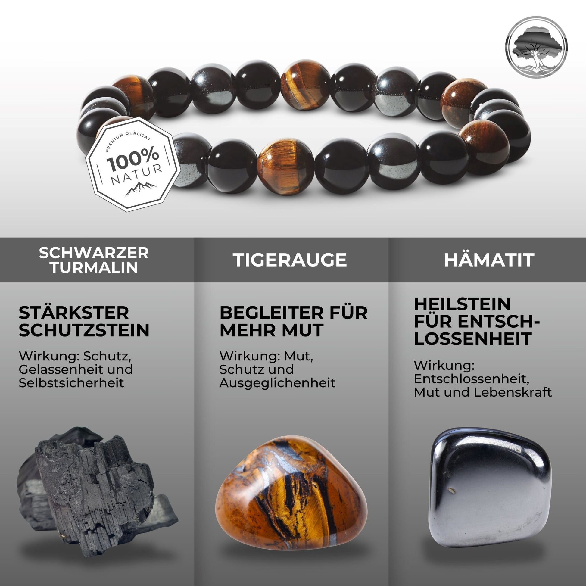 Schutz Armband: Turmalin, Tigerauge, Hämatit | Dreifach Schutz - LUMENNA
